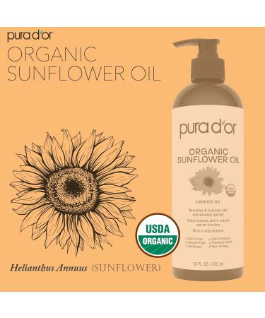 PURA D'OR 16 Oz ORGANIC Sunflower Seed Oil - 100% Pure & Natural USDA Certified Cold Pressed Carrier Oil For DIY Beauty - Unscented Hexane Free Liquid Moisturizer - Face Skin & Hair - Men & Women - Buy Online on GoSupps.com