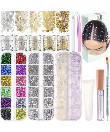 Face Hair Gems Rhinestone with Makeup Glue  Flat Back Colorful Jewels Crystal Half Round Pearl Gold Holographic Glitters Sequins Kits  Wax Pencil Tweezer and Brush for Face Eyes Hair Body Makeup gold glitter sequin set