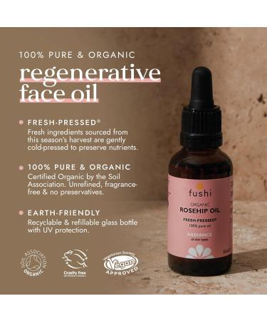 Fushi Organic Rosehip Seed Oil 30ml Best for Scars Fine Lines & Stretch Marks min Vitamin E 18.3 mcg/g Fresh-Pressed Ethical & Vegan Society Approved Manufactured in the UK - Buy Online on GoSupps.com