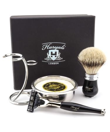 Haryali London Men's 3-Edge Shaving Set with Badger Hair Shaving Brush Stand Soap and Bowl