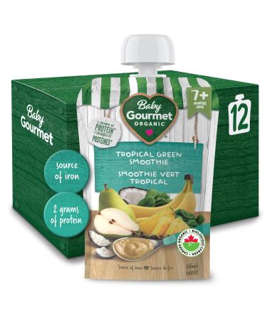 Baby Gourmet Organic Fruit & Veggie PLUS Puree Baby Food Pouches Tropical Green Smoothie - No Added Sugar Or Salt Non GMO No Fillers Gluten Free Peanut Free - (128ml) 12 Pouches