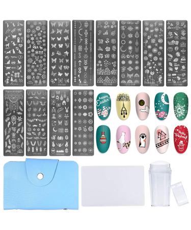 NICENEEDED 15PCS Nail Art Stamping Kit, 12 Plates 2 Stamper 1 Scraper and 1 Storage Bag Nail Stamp Template Set, Animal Flower Lace Image Nail Plate Templates Tools for Nails DIY Design 15 Piece Set 12PCS