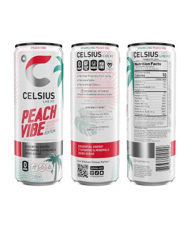 CELSIUS Peach Vibe Sugar Free Energy Drink - Energy Drink with 7 Vitamins & 1 Mineral and No Artificial Flavours or Colours (Pack of 12 x 355ml - 114mg of Caffeine Per Can) - Buy Online on GoSupps.com