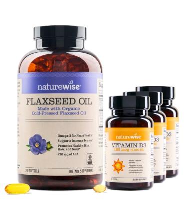 NatureWise 1 Flaxseed Oil 1200mg - Organic Cold Pressed - 240 Softgels 240-Day Supply + (Pack of 3) Vitamin D3 5000iu + Organic Olive Oil - 90 Mini Softgels 90-Day Supply