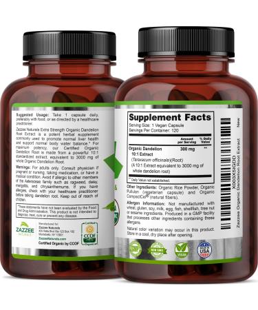 Zazzee USDA Organic Dandelion Root 10:1 Extract - 3000mg Strength 120 Vegetarian Capsules Non-GMO All-Natural 4 Month Supply - Buy Online on GoSupps.com
