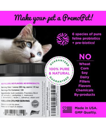 Premo Pet Probiotic for Cats - 120 Servings, Digestive Aid + Prebiotics - Helps with Diarrhea, Vomiting, Gas, Skin Conditions - Wheat & Dairy Free, GMP, Vet Approved - Buy Online on GoSupps.com