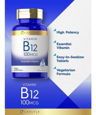Carlyle Vitamin B12 100mcg - 200 Tablets | Vegan, Non-GMO, Gluten Free - Essential Supplement - Buy Online on GoSupps.com