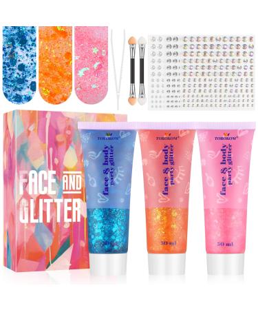EBANKU 3Pcs Face Glitter Gel 50ml Mermaid Sequins Chunky Glitter Liquid Gel with Makeup Brushes Chunky Powder Gel for Face Body Eye Hair Nail DIY Art Festival Party Makeup Decoration Blue+Orange+Pink