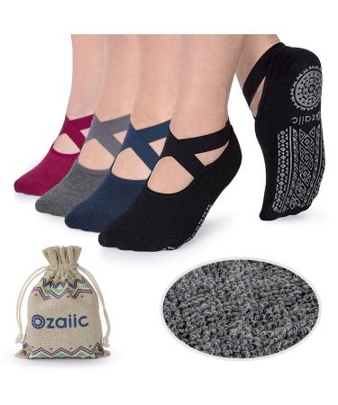 Ozaiic Non Slip Socks for Yoga Pilates Barre Fitness Hospital Socks for Women 4 Pairs - Black/Navy/D.gray/ Burgundy