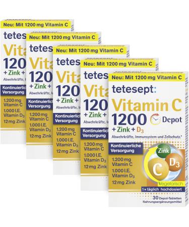 Teteseept vitamin C 1200 + zinc + D3 - dietary supplements with vitamin C D3 and zinc to support the immune system cell protection and bones - 5 x 30 vitamin tablets Tetesisept vitamin C 1200 depot