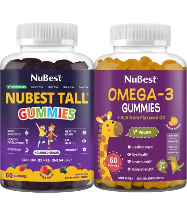 NuBest Bundle: Daily Gummies for Comprehensive Development Brain Health Eye Health Tall Gummies and Omega 3 Flaxseed Oil for Kids & Teens
