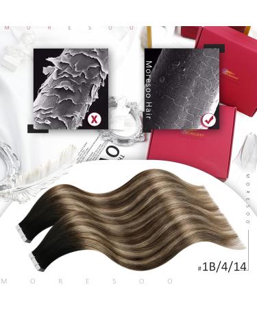 Moresoo 14 inch Tape in Hair Extensions Balayage Black Ombre to Brown with Blonde, Real Human Hair 20 Pieces #1B/4/14 - Buy Online on GoSupps.com