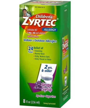 Zyrtec Children's Allergy Syrup - 24 Hour Relief - Cetirizine HCl Antihistamine - Grape Flavor - 8 fl. oz - Dye-Free & Sugar-Free - Buy Online on GoSupps.com