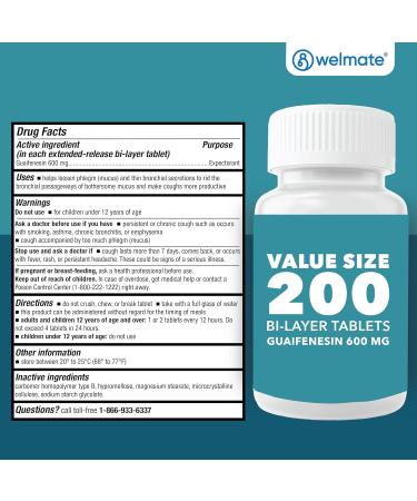 WELMATE Mucus Relief Guaifenesin 600mg Extended-Release Tablets - 200 Ct - 12 Hr Support for Cough, Nasal & Chest Congestion, Infections, Colds, Allergies - Expectorant for Temporary Relief - Buy Online on GoSupps.com