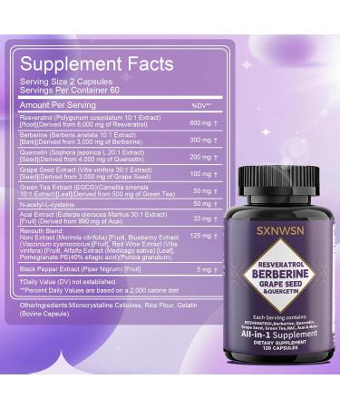 SXNWSN Resveratrol & Berberine Complex 120 Capsules - Antioxidant Support with Grape Seed Quercetin & NAC Promotes Healthy Cellular Function & Metabolism - Buy Online on GoSupps.com