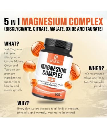5in1 Magnesium Complex Supplement with 20% Purified - 500mg of Magnesium Bisglycinate Citrate & More for Muscle Relaxation Mood Bone Health & More - 90 Capsules - Buy Online on GoSupps.com