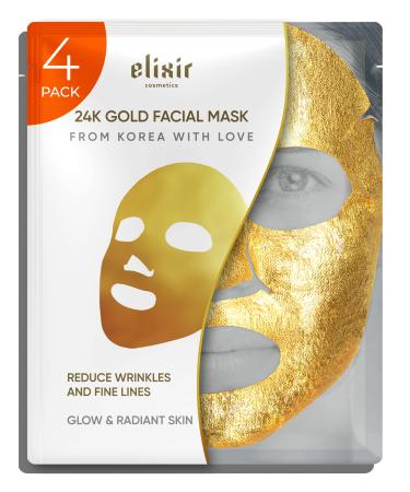 24K Gold Facial Masks for Women Skin Care Anti Aging - Collagen Moisturizing Sheet Mask for Sensitive Skin - Brightening Korean Face Mask - Hydrating Mask to Reduce Fine Lines & Wrinkles by Elixir (4 Pack) 4 Count (Pack ...