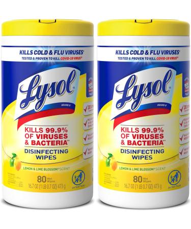 Lysol Disinfectant Wipes Multi-Surface Antibacterial Cleaning Wipes For Disinfecting and Cleaning Lemon and Lime Blossom 80 Count (Pack of 2)