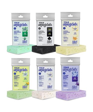 T.Taio Esponjabon Soap Sponge Variety Pack- Shower Scrubber & Bath Wash Scrub - Massage Face - Bathroom Accessories - Mother of Pearl, Aloe Vera, Lavender, Charcoal, Cucumber-Melon, Oatmeal (6-Pack)