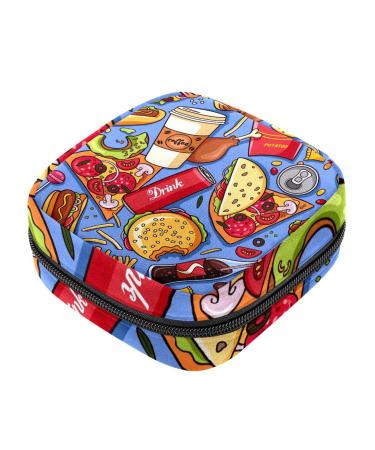 Hamburger Hot Dog Fries Cola coffee pizza pattern sanitary napkin storage bag portable period pocket for women teen girls menstrual cup bags lying holding holder