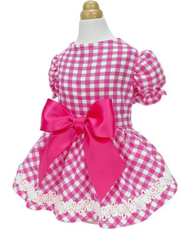 Fitwarm Gingham Plaid Dog Dress with Puff Sleeve - Hot Pink, Size XXS | Summer Clothes for Small Dogs Girl | Pet Cat Outfit - Buy Online on GoSupps.com