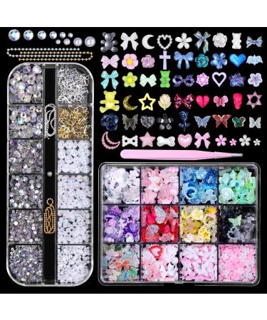 3D Nail Charms Set Color Butterfly Blossom Flower Bow Moon Heart Star Nail Art Charms Half Round Pearl+Flatback Gems AB+Hollow Butterfly Alloy Nail Charms DIY Nail Art Supplies Accessories