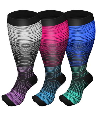 3 Pairs Plus Size Compression Socks (20-30 mmHg) for Women & Men Wide Calf Extra Large Knee High Stockings for Nurses Seniors 2XL Mixed-B