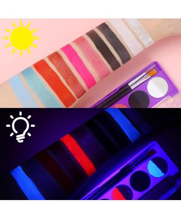 Glow Under UV Blacklight Face Paint - 10 Bright Colors Metallic Neon Palette Water-Based Makeup for Parties & Halloween - Includes Brushes for Kids & Adults - Buy Online on GoSupps.com