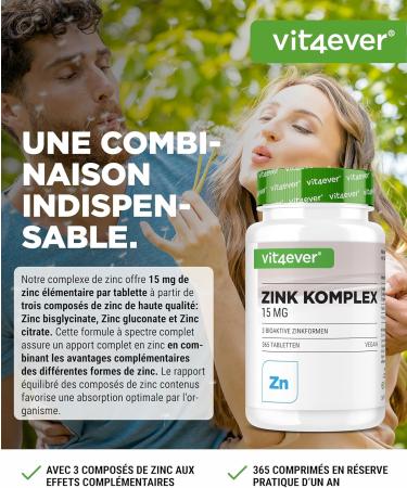 Zinc Complex 15mg - 365 Tablets - With 3 Bioactive Forms of Zinc (Zinc Bisglycinate Zinc Gluconate Zinc Citrate) - 1 Year Supply - High Dosed - Vegan - Buy Online on GoSupps.com