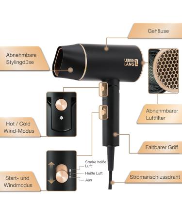 Lange Fhn ions 2100W Travel Folding Hair Dryer - Anti-Split with Cold Air Mode | Compact Black/Gold Hair Styling Tool for International Use - Buy Online on GoSupps.com