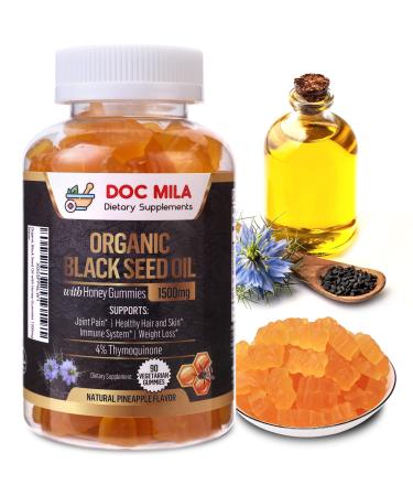 Doc Mila Organic Black Seed Oil Gummies 1500mg - Black Seed Oil Softgels Capsules with Honey, 4% Thymoquinone, Pineapple Flavor - Gluten Free, Vegetarian Capsules, Soy Free & Non-GMO