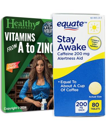 Healthy Surplus Equate Stay Awake - 200 mg Caffeine - 80 Tablets and Vital Volumes Tips Card