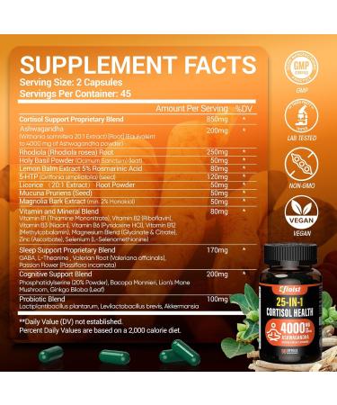 Cortisol Supplement for Women 25-in-1 Cortisol Reducer Cortisol Manager Ashwagandha for Women & Men Cortisol Supplement with Rhodiola Rosea L-Theanine for Mood Focus Sleep Support 90 Capsules 90 Count (Pack of 1) G  - Buy Online on GoSupps.com