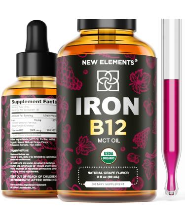 Liquid Iron Supplement for Women & Men with Vitamin B12 5000mcg - Free Blood Builder for Anemia - Liquid Vitamin B12 Drops for Adults with MCT Oil Natural Grape Flavor 2 Fl Oz