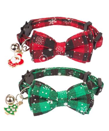ADOGGYGO Christmas Cat Collar Breakaway with Cute Bow Tie Bell - 2 Pack Kitten Collar Red Green Plaid Pattern Xmas Kitten Collar with Removable Bowtie Cat Bow tie Collar for Kitten Cat (Red&Green-1)