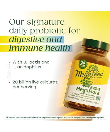 MegaFood MegaFlora Probiotic - Probiotics for Women Digestive Health - Immune Support Supplement - 20 Billion CFU - 14 Strains - Non-GMO - Vegetarian - 90 Mini Capsules (90 Servings) 90 Count (Pack of 1) - Buy Online on GoSupps.com