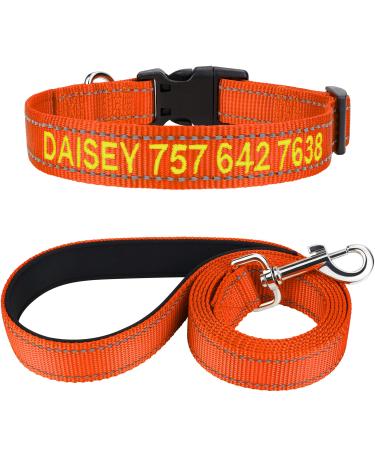 Tagme dog collar and leash personalizing reflective dog collar with 1.5m double -sided reflective dog leash for large dogs orange XL (1 Pack) orange set