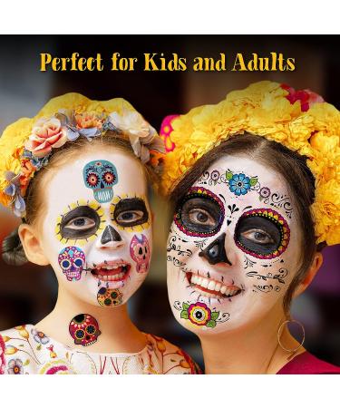 Day of the Dead Face Tattoos - 10 Sheet Halloween Temporary Tattoo Kit with Sugar Skull Design and Glitter Red Roses for Face and Body Makeup - Buy Online on GoSupps.com