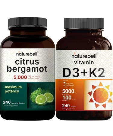 NatureBell Vitamin D3 5 000iu with K2 MK-7 100mcg Softgels & Citrus Bergamot Veggie Capsules 5 000 mg Equivalent Bundle Pack | Bioavailable Virgin Coconut Oil Softgels | High Antioxidant Level
