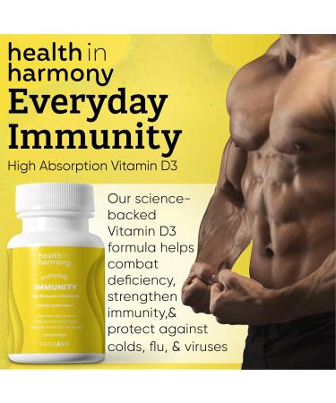 HEALTH IN HARMONY Everyday Immunity 4000 iu Vitamin D3 Supplement - Fast Acting Immune Support Supplement for Bone/Cellular Health - Non GMO Dietary Supplements - Utilizes Vesisorb (60 softgels) - Buy Online on GoSupps.com