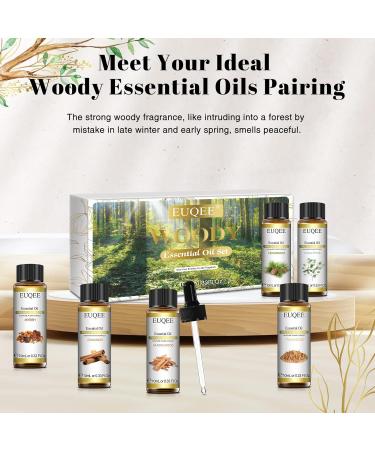 EUQEE Woody Aromatherapy Essential Oils Set - Eucalyptus, Cedarwood, Sandalwood, Frankincense, Cinnamon, Myrrh - 6 x 10ml White Bottles - Buy Online on GoSupps.com