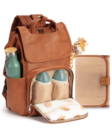 Baby Uma diaper bag with diaper pad - diaper backpack with isolated bottle holders diaper bag with large capacity for on the go synthetic leather diaper bag stroller backpack with laptop compartment camel brown