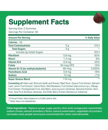 Feel Great Super Green Gummies Teen Vitamins | Vegan Veggie Gummy Multivitamin for Teens | Fruit and Vegetable Supplement | Veggie Fiber Supplement | 60 Count Teen Greens - 60 Count - Buy Online on GoSupps.com