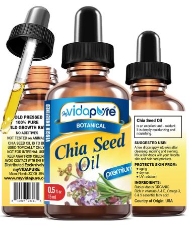 MYVIDAPURE CHIA SEED OIL Pure Natural Undiluted Refined Cold Pressed Carrier Oil for Skin Face Hair Lip and Nail Care Anti-Aging (0.5 Fl Oz) 0.5 Fl Oz (Pack of 1)