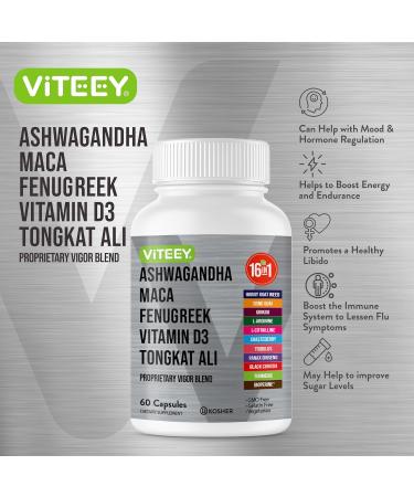 Viteey Ashwagandha Maca Fenugreek Supplement with Tongkat Ali Drive Passion & Energy Support for Men & Women Mood Calm & Stress Support - 60 Capsules - Buy Online on GoSupps.com