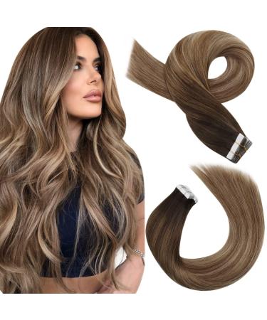 Moresoo invisible tape in extensions real hair brown hair extension real hair tapes dark brown to brown with gold -blond invisible tape extensions real hair ombre 60 cm 20 pieces/50g #4/10 cm 1. #4/10/16