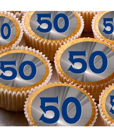 24 50th blue grey silver PRE CUT edible birthday party Cupcake Cake Toppers Wafer Rice Paper precut decoration