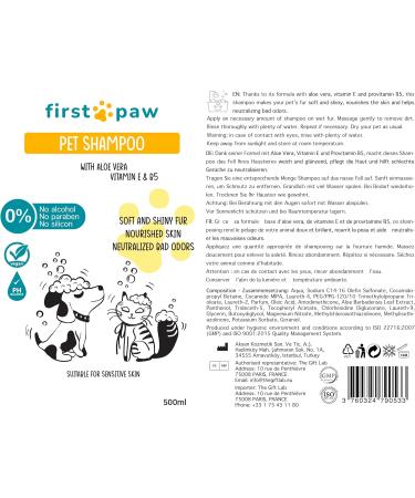 FIRSTPAW Pet Shampoo 500ml - Vegan Puppy & Dog Shampoo Aloe Vera Formula for Sensitive Skin Suitable for All Breeds & Fur Types - Buy Online on GoSupps.com