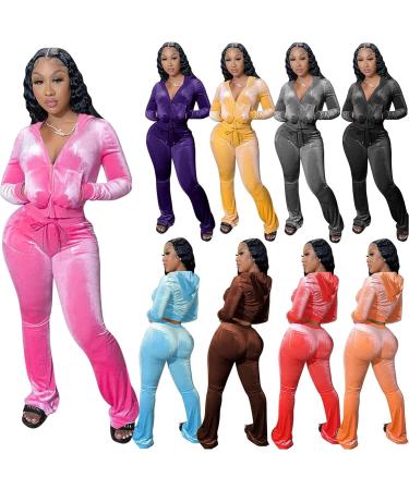 Yidengymx Women's Velour Tracksuit Set | Pink Hoodie & Wide Leg Pants | Long Sleeve Crop Top | Medium - Buy Online on GoSupps.com