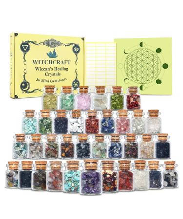Crystals Chips for Witchcraft, 36 Bottles Mini Gemstones Witch Supplies Spell Jars Healing Chips Crystal Set, 36pcs Different Crystals and Healing Stones for Wiccan Stuff and Altar Rituals